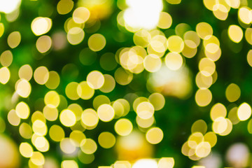 yellow light Abstract circular bokeh of Green Christmas tree and happy new year background.