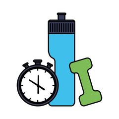 dumbbell with water bottle and chronometer