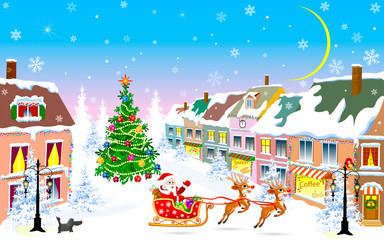 Fototapeta na wymiar City, Christmas night, Santa Claus on a sleigh. Winter night on Christmas Eve