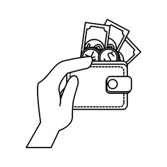 hand lifitng wallet with bills and coins dollars