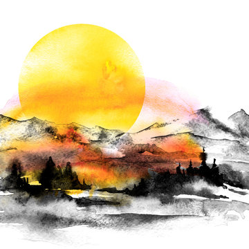 Watercolor painting. Nature, mountains, countryside, black silhouette of mountains, trees. Against the backdrop of a sunset red, orange, yellow sky and sun. Postcard, picture, poster, logo.