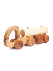 Photo of a wooden truck with a beech trailer on a white isolated background