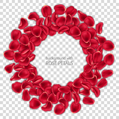 Round frame made of red rose petals on transparent background. Valentines Day card template