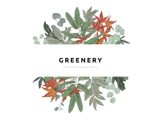 Tuinposter Greenery bouquet wreath template, red Japanese maple leaves, tropical green leaves in circle shape with white frame, pastel theme © momosama