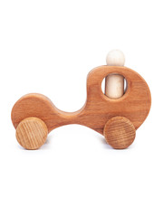 Photo of a wooden car  of beech. Toy made of wood retro car on a white isolated background