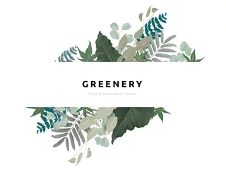 Muurstickers Greenery bouquet wreath template, Epipremnum aureum, tropical green leaves in rectangle shape with white frame, pastel theme © momosama