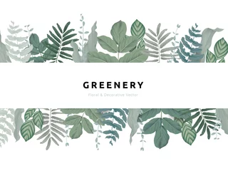 Fotobehang Greenery bouquet wreath template, tropical green leaves in rectangle shape with white frame, pastel theme © momosama