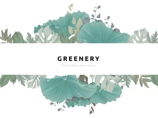 Behangcirkel Greenery bouquet wreath template, lotus leaves and tropical green leaves with white frame, pastel theme © momosama
