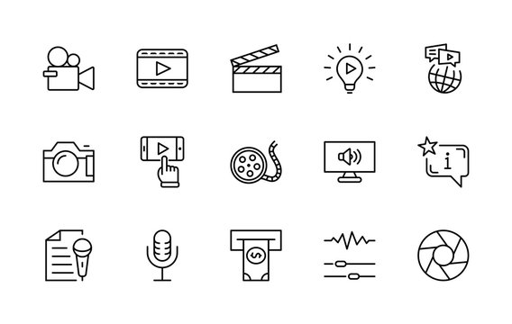 International Film Day Set Line Vector Icons. Contains such Icons as Clapperboard, Camera, Video, Play, Film, Lens, Microphone, Media settings and more. Editable Stroke. 32x32 Pixel Perfect