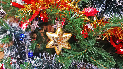 Close up Christmas tree decorations and New Year background, Winter holiday decoration, selective focus