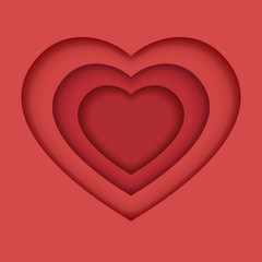 Layered paper red heart. 3d abstract paper cut illustration of red heart shape. Valentine's Day minimal background. Vector Illustration.