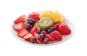Mixed fruit on a white plate with white background.