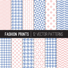 Pink and Blue Fashion Prints Vector Patterns. Houndstooth, Herringbone, Triangle, Cross, Dots, Chevron. Rose Quartz and Serenity Textile Prints. Repeating Pattern Tile Swatches Included.
