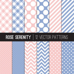 Pink and Blue Gingham, Chevron, Polka Dots and Stripes Vector Patterns. Rose Quartz and Serenity Modern Geometric Backgrounds. Repeating Pattern Tile Swatches Included.