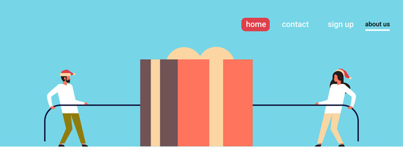 man woman pulling opposite ends rope gift box present merry christmas happy new year holiday concept tug of war flat horizontal