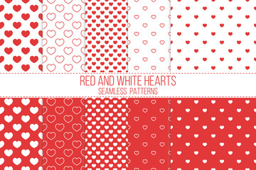 red and white hearts seamless patterns set