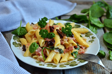 Pasta tubes with spinach and dried tomatoes on a wooden background