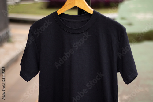 Blank Black T Shirt On Wood Hanger In Outdoor Ready For Your Mock Up Design Or Presentation Your Design Project Wall Mural Dxs