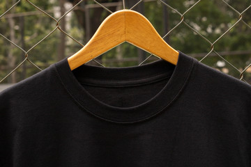 Closeup tag label of black t-shirt