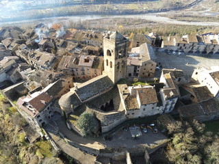 Aerial view of Ainsa. Medieval village of Huesca, Spain. Drone Photo
