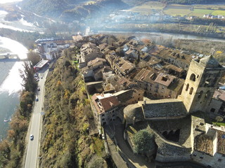 Aerial view of Ainsa. Medieval village of Huesca, Spain. Drone Photo