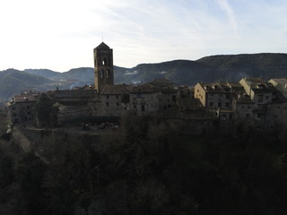 Aerial view of Ainsa. Medieval village of Huesca, Spain. Drone Photo