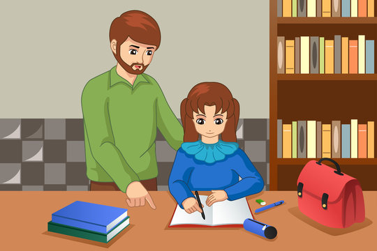 Father Helping His Daughter Doing Homework Illustration