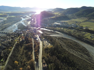 Aerial view of Ainsa. Medieval village of Huesca, Spain. Drone Photo