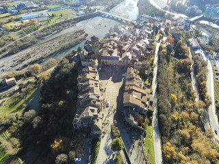 Aerial view of Ainsa. Medieval village of Huesca, Spain. Drone Photo