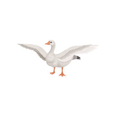 Farm goose standing with wide open wings. Bird with gray feathers, long neck, orange beak and legs. Flat vector icon