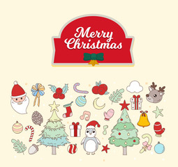 Fototapeta na wymiar Decorative winter card merry christmas with icon vector.Hand drawn. Flat design.