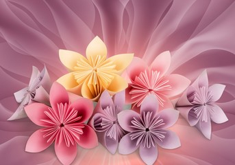 Origami flowers on abstract background