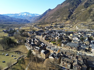 Aerial view of Benasque. Huesca, Spain. Drone Photo