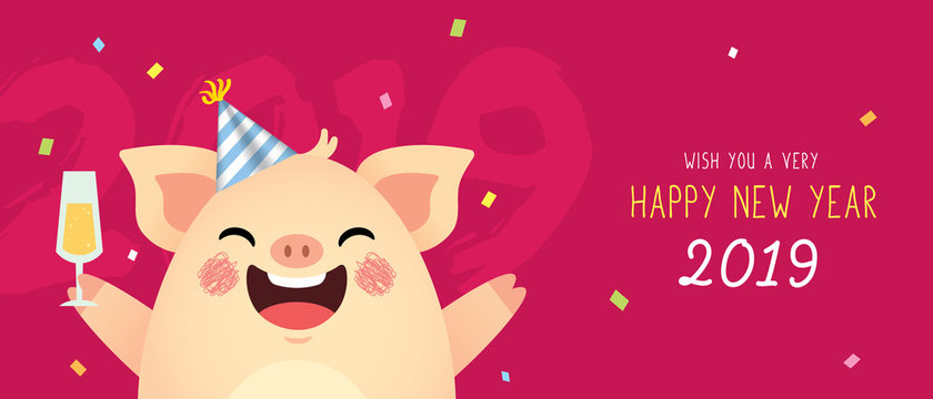 Happy New Year 2019 banner design. Cute cartoon pig with champagne on red background. Year of the pig vector illustration. 