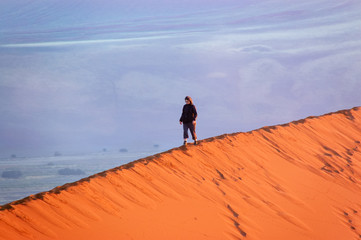 Woman tourist walking on top of dune in Namib desert, holiday travel in Africa, Namibia adventure
