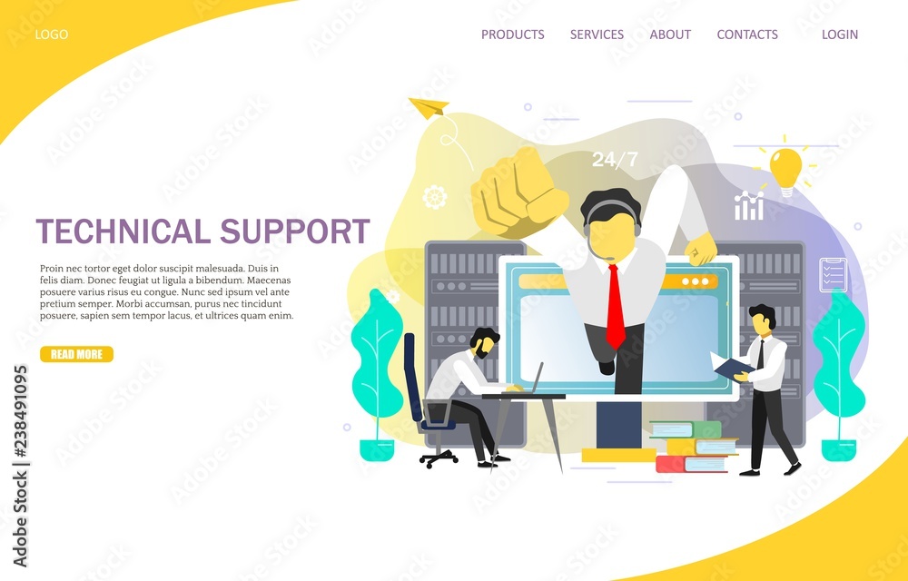 Poster technical support landing page website vector template
