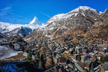 Beautiful view of Zermatt village with Matterhorn Mountain background in Switzerland.