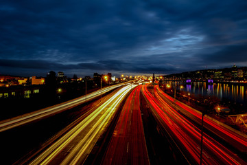 Light Trail of highway during blue hour in Portland Oregon