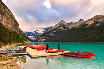 Canoeing at Lake Louise, one of the most beautiful alpine lakes in the Canadian Rockies, Banff National Park, Alberta, Canada