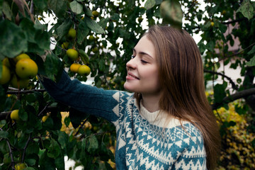 Smiling woman picking lemons from tree in backyard