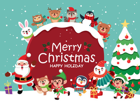 Vintage Christmas poster design with vector snowman, reindeer, penguin, Santa Claus, elf, bear, raccoon, fox, rabbit, owl, squirrel characters.