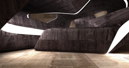 Empty dark abstract brown concrete room smooth interior. Architectural background. Night view of the illuminated. 3D illustration and rendering