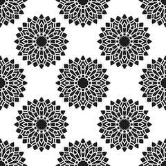 Seamless pattern with abstract flowers. Fashion textile print. Asian fabric background. Vector monochrome design. Perforation floral holes.