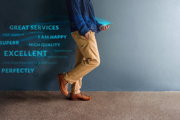 Customer Experience Concept. Person Walking and Reading Positive Online Review via Smartphone