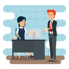 businesswoman and businessman in the office with books plan
