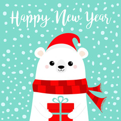 Happy New Year. White polar bear cub face holding gift box. Red Santa hat, scarf. Cute cartoon baby character. Merry Christmas. Arctic animal. Flat design Hello winter. Blue snow background.