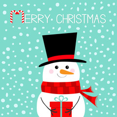 Merry Christmas. Snowman holding gift box present. Carrot nose, black hat, red scarf. Happy New Year. Cute cartoon funny kawaii character. Blue snow winter background. Flat design.