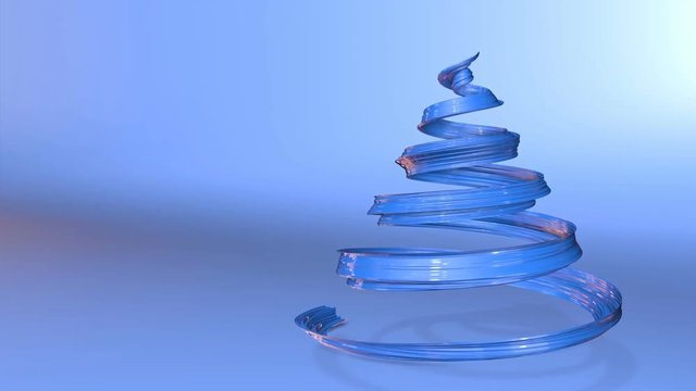 A shiny festive ribbon forms a Christmas tree symbol that rotates. 3d render of Christmas bright juicy composition. Seamless looped animation. Blue ribbon on blue background. wide ribbon 8