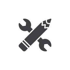 Crossed wrench and pen tool vector icon. filled flat sign for mobile concept and web design. Designer tools simple solid icon. Symbol, logo illustration. Pixel perfect vector graphics