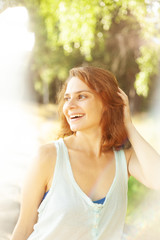 Young beautiful happy smiling woman girl close up, head shot, natural sensual beauty